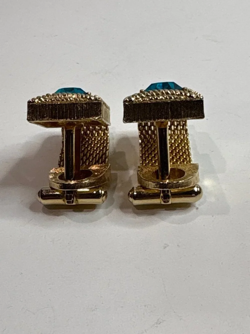 Vintage Swank Gold Mesh Wrap Cufflinks December Birthstone Blue Zircon MCM Box